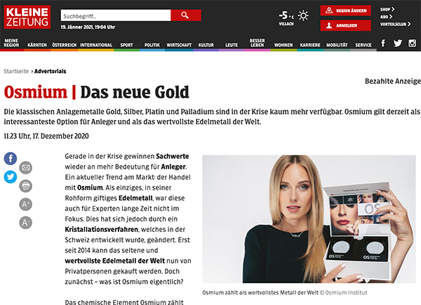 Artikel über Osmium in der kleinen Zeitung